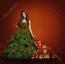 Christmas Tree Fashion Woman Dress, Model Girl, Red Presents