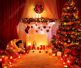 Room Christmas Tree Fireplace Lights, Xmas Home Interior