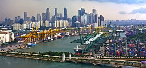Aeriel view of busy modern industrial port town