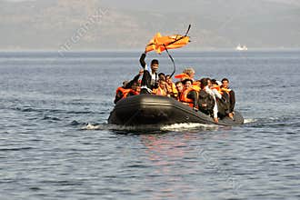 LESVOS, GREECE october 12, 2015: Refugees arriving in Greece in dingy boat from Turkey.