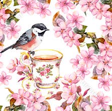 Tea cup, bird and blooming flowers. Seamless floral pattern. Watercolour art on white background