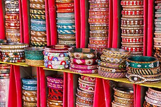 Display of colorful bangels inside City Palace in Jaipur, India