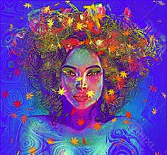 Modern digital art image of a woman's face, close up with colorful abstract background.