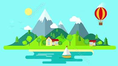 Travel mountains island landscape and sailing animated intro flat style.