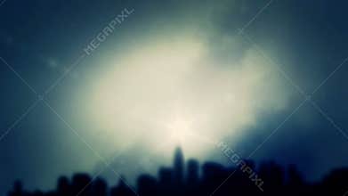 Post apocalyptic city skyline on a dark cloudy sky background through misty thick fog at sunrise or sunset