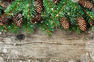 Christmas decoration of fir tree and conifer cone on textured wood background, magic snow effect