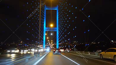 Crossing across the Bosphorus Bridge in Istanbul at night