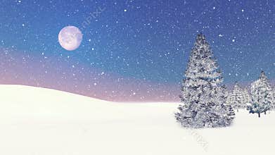 Snowy firs and snowfall at dawn