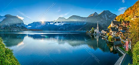 Sunrise in Hallstatt mountain village with Hallstatter See in fall, Austria