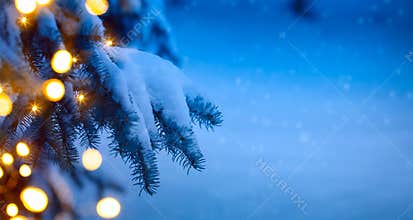 Christmas tree light; blue snow background