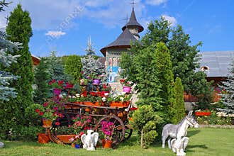 Orthodox church - Monastery Bujoreni - landmark attraction in Vaslui County, Romania. Spring landscape