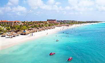 Aerial from Eagle beach on Aruba in the Caribbean