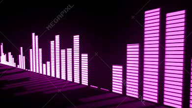 Music control levels. Glow pink-violet audio equalizer bars moving with the reflection from the mirror surface.