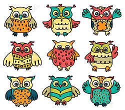 Vector cute owls cartoons isolated.