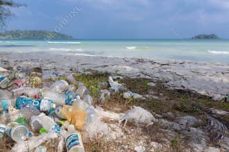 Plastic bottles, garbage and wastes on the beach of Koh Rong, Ca