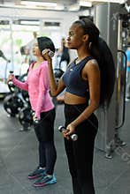 Side view of young black african-american and asian women doing fitness exercise work with dumbbells together in