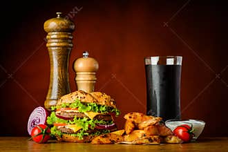 Fast Food Burger with Cola and Potatoes