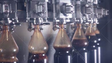 Pop and Soda, carbonated drink pouring in bottles on fresh drinks automated conveyor.