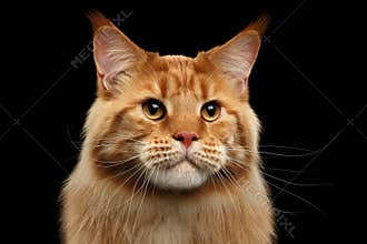 Closeup Ginger Maine Coon Cat Curious Looks, Isolated Black Background