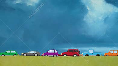 Cartoon Vector Cars Driving on Two Lanes in Rush Hour on a Big Blue Sky Background