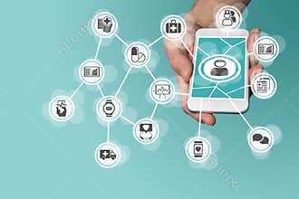 Digital and mobile healthcare concept with hand holding smart phone