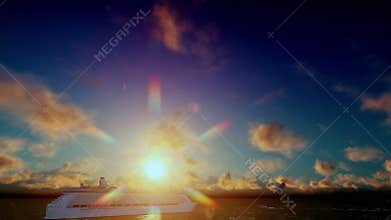Cruise ship sailing, seagulls at sunrise, with sound