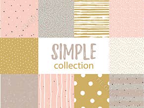 Vector seamless patterns with universal simple textures. Set for fabric, gift wrap and wallpaper.