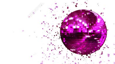 Spinning pink-violet glow disco ball composed of cubes-crystals