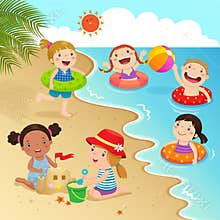 Group of kids having fun on the beach