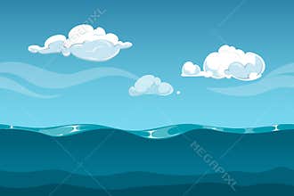 Sea or ocean cartoon landscape with sky and clouds. Seamless water waves background for computer game design