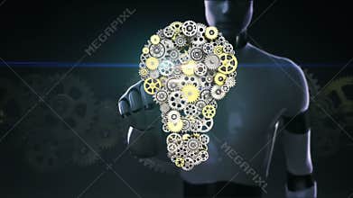 Robot, cyborg touching screen, big gears gathered idea bulb shape animation.
