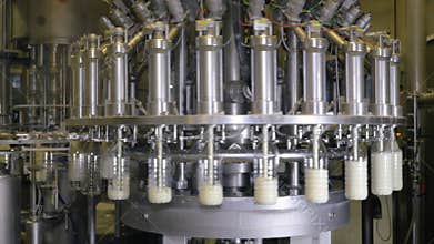 Milk pouring into bottles on a industrial equipment at a milk production factory.