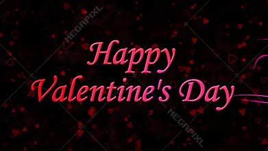Happy Valentine's Day text formed from dust and turns to dust horizontally on dark background