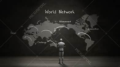 Robot cyborg standing world map, Handwriting `World network`, using communication technology. Artificial Intelligence