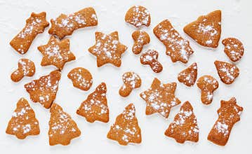 Christmas chocolate and ginger brown cookies in shape of fir-tree, star, moon and mushrooms.