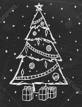 Christmas tree sketch on chalkboard