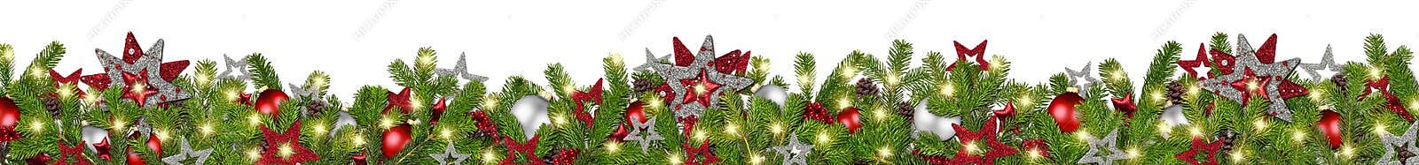 Red silver christmas garland super wide fir branches panorama