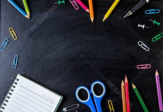 School supplies side border on a chalkboard background. School s
