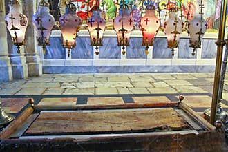 The stone of the Anointing at the Church of the Holy Sepulchre i