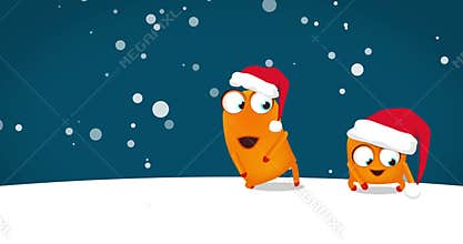 Two Upsies Upsy character dancing crazy funny Christmas dance on snowy night. 4k, space for text, greeting video