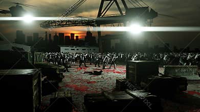 Horror zombie crowd walking. Apocalypse view, concept. Realistic 4K animation.