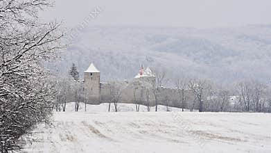 Winter landscape with a beautiful Gothic castle Veveri. Brno city - Czech Republic - Central Europe.