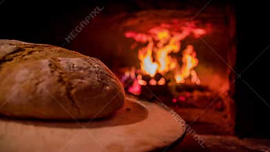 Freshly baked bread going out of the bread oven