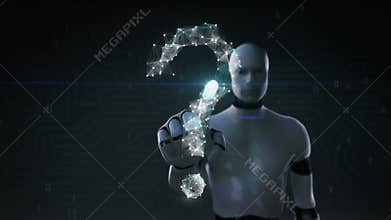 Robot, cyborg touching screen, Digital lines create question mark shape, digital concept.