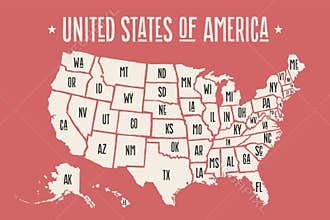 Poster map United States of America with state names