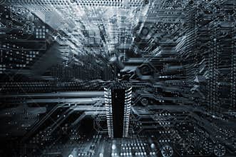 Microchips, computers and circuitboard