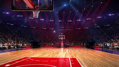 Basketball court with people fan. Sport arena. Ready to start championship. 3d render. Moving lights