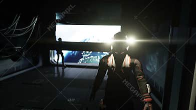 Astronauts in futuristic space corridor, room. view of the earth. Cinematic 4k footage.