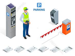 Isometric Parking Attendant. Parking ticket machines and barrier gate arm operators are installed at the entrance and