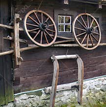 Wagon wheel on old log house
